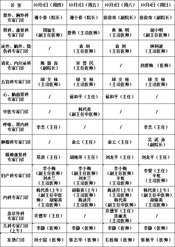 【通告】我院“十一”假期门诊专家排班表