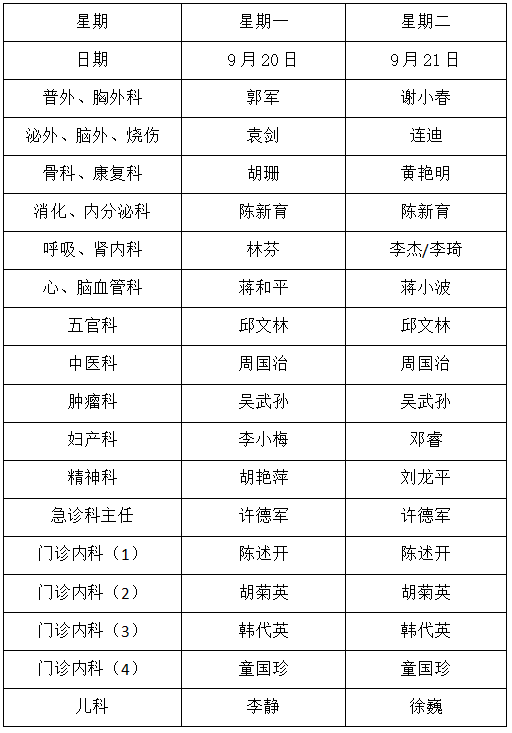 【通告】2021年中秋节期间门诊专家排班表