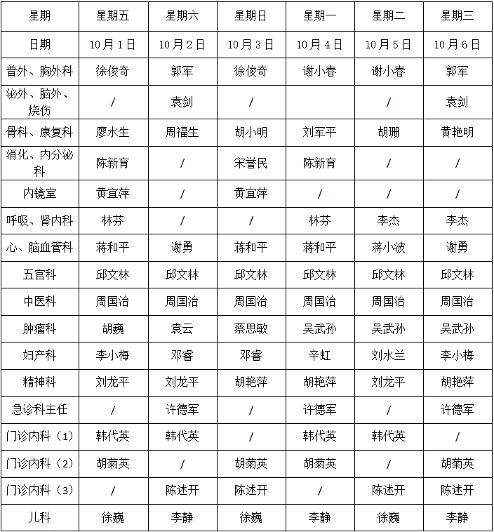 【通告】2021年国庆节期间门诊专家排班表