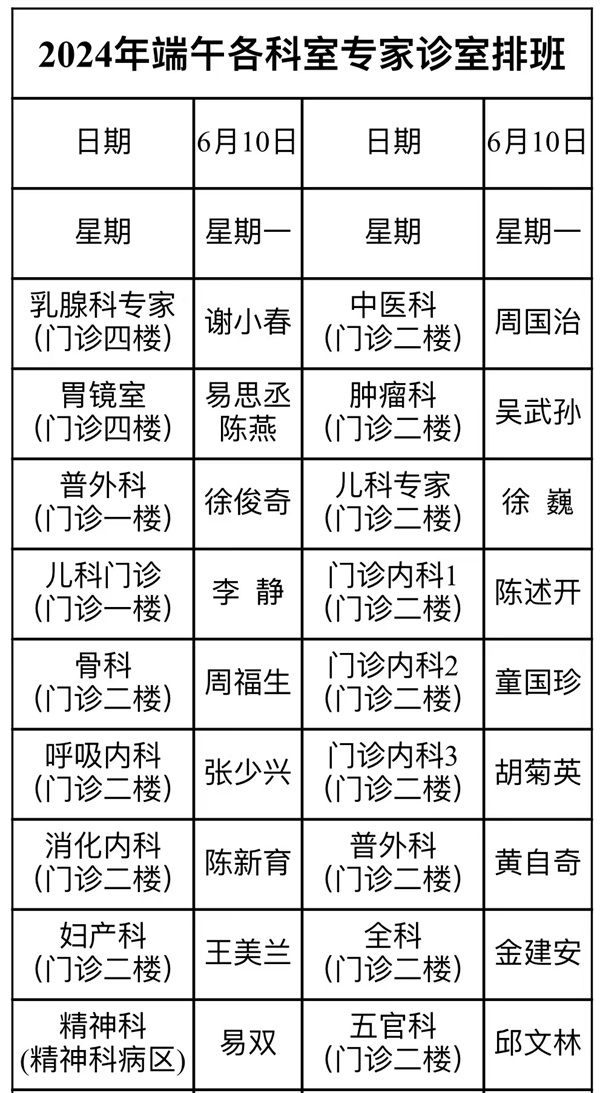 【端午佳节共安康】2024年端午假期门诊排班表